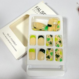 Press on Nails Medium Length Green Shamrock Design Coffin False Nail St. Patrick's Day Green French Square Fake Nail 24Pcs Full Cover Glossy Artificial Acrylic Fingernails Glue on Nails for Women
