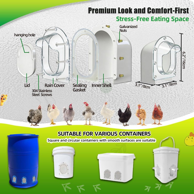 ayakol Chicken Feeder Port ProMAX,1.6×Taller Anti-Snag Opening,Clear View Cover,Real No