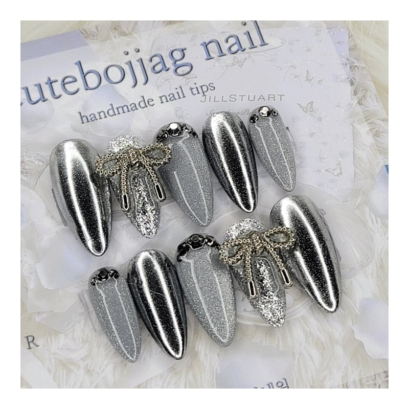 Metallic Silver Handmade Nail Tips - Oval S / 메탈릭