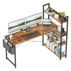 Treesland 55 Inch Computer Desk with Storage Shelves, L Shaped Desk with Storage, Corner Desk with Shelves, Home Office Desks, Bookshelf Desk, Writing Study Desk for Bedroom, Brown