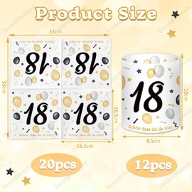 Pack of 20 Napkins 18th Birthday + 12 Pieces Lantern Table Decoration 18th Birthday + 500 Pieces Confetti for 18th Birthday Decoration 18th Birthday Boy Girl Table Decoration 18 Years Black Gold