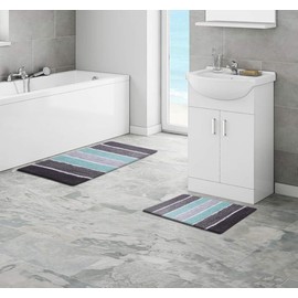 Quilted Stripe Luxury Bath Rug Set of 2, Mat Set, Soft Plush Anti-Skid Shower Rug +Toilet Mat.Quilted Rugs, Super Absorbent mats, Machine Washable Bath Mat,Size 21x32- 17x24 Grey-Aqua