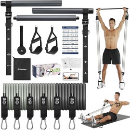ALongSong - Kit de Barra de Pilates portátil con Bandas de Resistencia para Mujeres y Hombres, Barra de Pilates Mejorada de 3 Secciones con Bandas api
