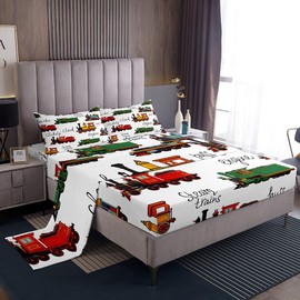 Vintage Train Bedding Set Twin Size for Kids Boys Girls Room Decor - 3Pcs Cartoon Car Fitted Sheet, Top Flat Sheet, 1 Pillowcase - Transportation Vehicles Yellow Red Green