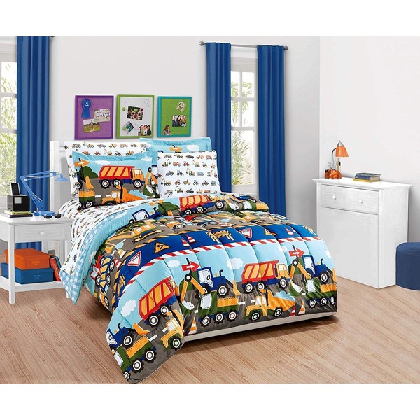 Fancy Linen Boys Comforter and Sheet Set Construction Zone Public Work Excavator Dump Trucks Front and Backhole Loader Tractors Light Blue Red Yellow Dark Blue New # Construction (Twin)