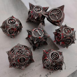 GIUADKXD Metal DND Dice Set - Polyhedron Solid Round Pointed Corner D&D Dice Set 7 Pieces for Dungeons & Dragons Cosplay Dice MTG Pathfinder Free Drawstring Leather Storage Bag (Bloodstain)