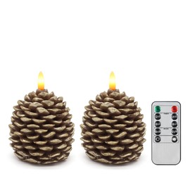 CVHOMEDECO. Pine Cone Candles Battery Operated Pinecones with Remote and Timer, Pine Cones Candle LED Flameless Flickering Candles for Fall, Christmas Decor. Golden-Brown, H 4.8 Inch, Pack of 2