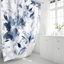MAYZUS Navy Blue Floral Shower Curtain, Summer Watercolor Flower Shower Curtain for Bathroom, Modern Abstract Ink Decorative Fabric Shower Curtain Set with Hooks 72x72 Blue White