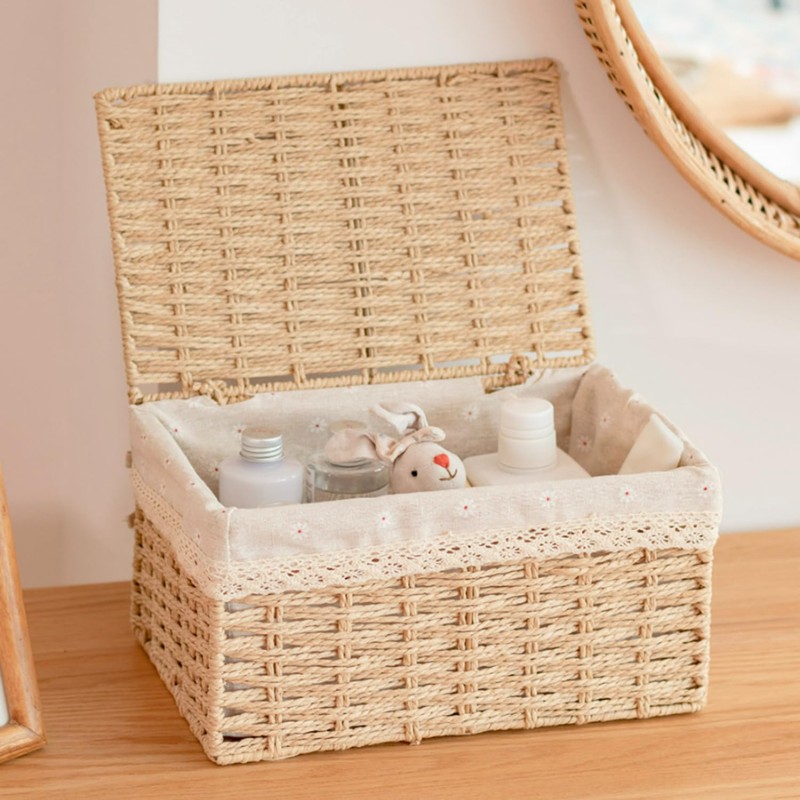 Rattanzenith Wicker Basket with Lid Paper Rope Storage Baskets for