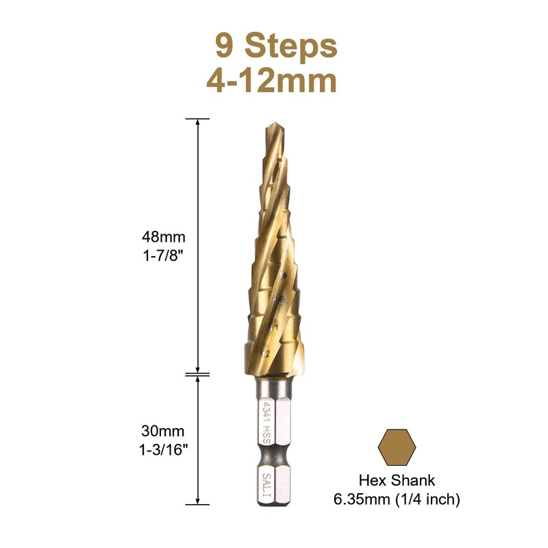 SALI HSS Step Drill [Φ4-12 mm, 9 Steps] Four Spiral