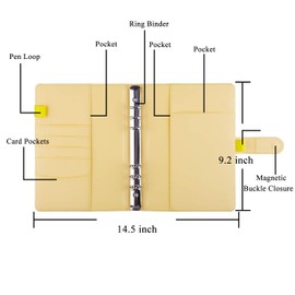Antner A5 PU Leather Binder 6-Ring Notebook Binder Cover for A5 Filler Paper, Refillable A5 Personal Planner Budget Binder with Magnetic Buckle Closure, Yellow