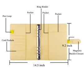 Antner A5 PU Leather Binder 6-Ring Notebook Binder Cover for A5 Filler Paper, Refillable A5 Personal Planner Budget Binder with Magnetic Buckle Closure, Yellow