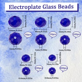 SUNNYCLUE 780Pcs 5 Sizes Blue Glass Beads Bulk Faceted Crystal Beads 2mm 4mm 6mm 8mm 10mm Rondelle Briolette Electroplate Loose Beads for Jewelry Making DIY Crafts Necklace Bracelet Earring Beginners