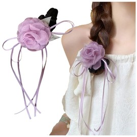 FASELE Hair Rubber Hair Elastic Scrunchy Rose Flower with Ribbon Fluffy Gorgeous Hair Accessory Simple Satin Forest Girl Elegant Elegant Hair Ornament Female High Elasticity Stylish Everyday Work Gift