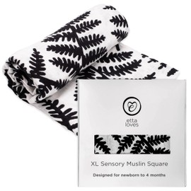 Etta Loves Extra Large Fern Print Muslin Cloth, Black and White Sensory Muslin Square, Multi-Use Baby Essentials for Newborn to 4 Month Old (1-Pack)