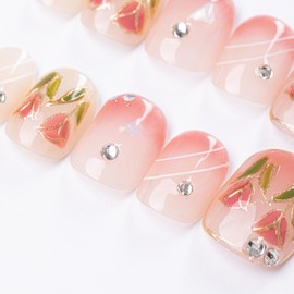 KIFOLLIV Handmade Glossy Pink Cute Press On Nails Short，Square Fake Nails with Strong Nail Glue and Nail Adhesive Tabs,10 Pcs French Beetles Press on Nails With Free Nail Polish Glue and Tool Kit(S)