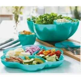 Tupperware Chip N Dip Salad Serving Bowl & 2 Dip Bowls - Aqua Teal Flower Shape