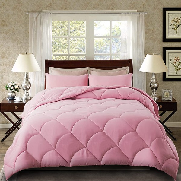 ELNIDO QUEEN® Pink Queen Comforter Set with 2 Pillow Shams