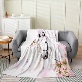 White Horse Fleece Throw Blanket for Bed Sofa Couch，Chic Pink Floral Flowers Kids Flannel Fuzzy Blanket All Season Watercolor Wild Animal Bed Blanket，Wildlife Room Decor Plush Blanket Throw 50"x60"