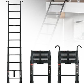 Aluminum Telescoping Ladder 10.5FT Portable Extension Ladder with 2 Detachable Hooks - Multi-Purpose Lightweight Ladder RV Collapsible Ladder for Household, Outdoor, Anti-Slip, 330lb Capacity, EN131