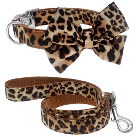Dog Collar with Bow, Cotton & Webbing, Detachable Bowtie Dog Collar, Adjustable Dog Collars and Leash for Small Medium Large Dogs (Medium, Leopard Print)