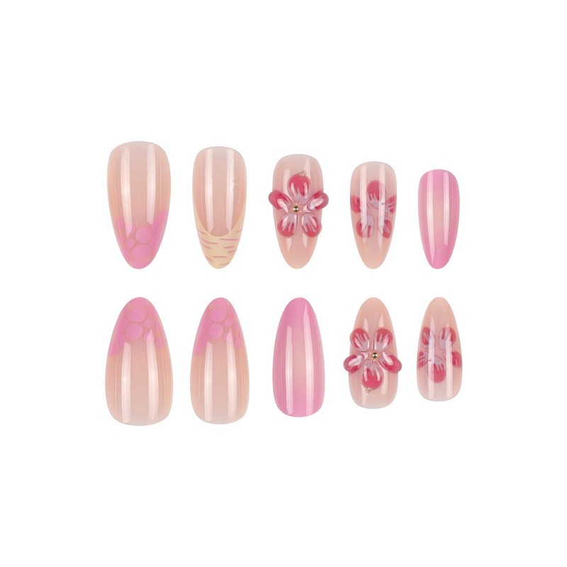 3D Flower Press on Nails Medium Almond Fake Nails with