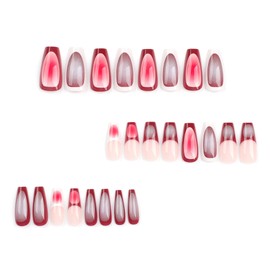 IMRAIN Press on Nails Long Coffin Fake Nails Red French Tips False Nails with Ombre Designs Full Cover Glossy Ballerina Artificial Nails Glue on Nails for Women 24Pcs