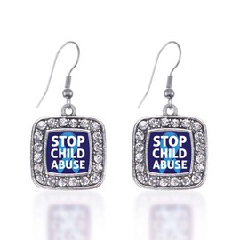 Inspired Silver - Stop Child Abuse - Silver Dangle Earrings for Women - Square Charm Earrings French Hook Drop with Cubic Zirconia - Women's Dangly Earrings Jewelry Gift