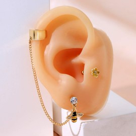 JEWSEEN Cartilage Tragus Earrings Chain Helix Earring Zirconia Bee Ear Cuff Double Piercing Earrings Set Stainless Steel Earrings for Women Men, Cubic Zirconia, Cubic Zirconia