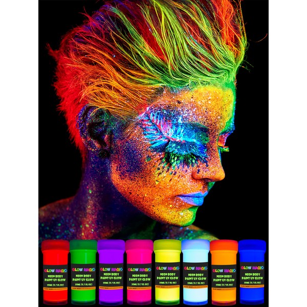 individuall Glow Magic UV Body Paint Set | Black Light Make-Up & Body Colours | 8 x 20 ml Light Colours.