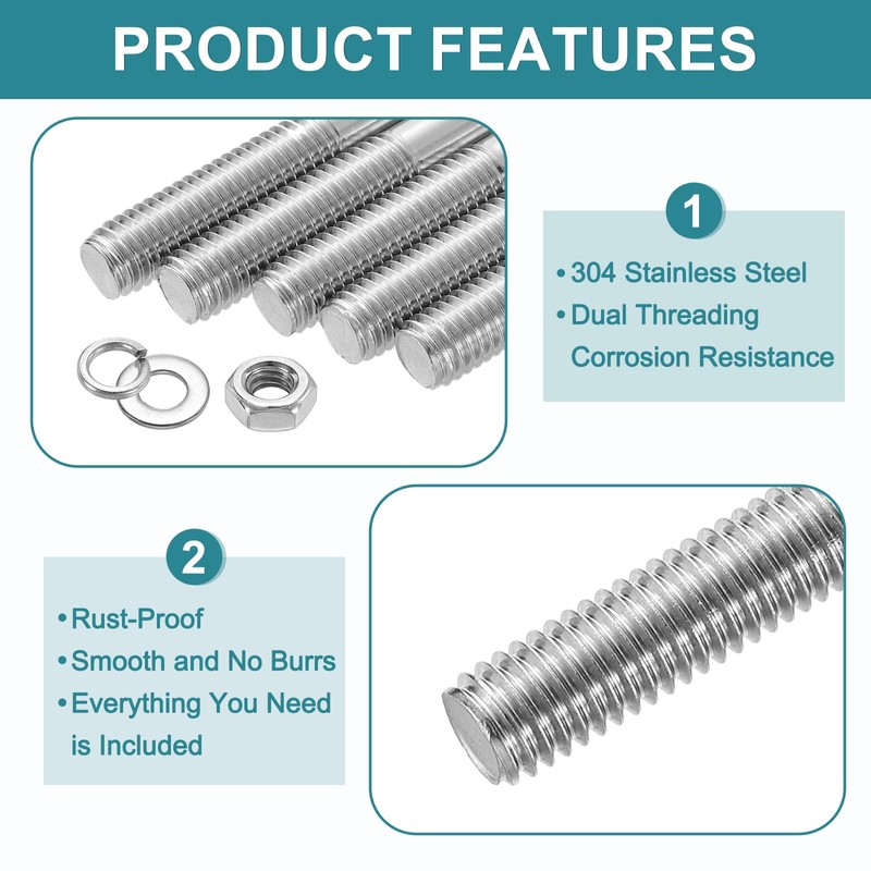 sourcing map 5pcs Double Ended Stud Screws, M4x120mm 304 Stainless