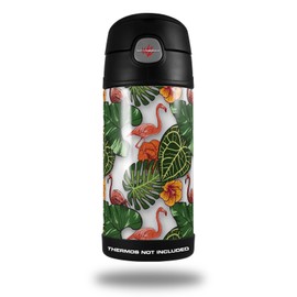 Skin Decal Wrap compatible with Thermos Funtainer 12oz Bottle Famingos and Flowers White (BOTTLE NOT INCLUDED) by WraptorSkinz