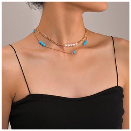 Inilbran Boho Layered Turquoise Choker Necklace Vintage Pearl Curb Chain Necklace Pearl Blue Stone Necklace Gold Blue Pearl Necklace Jewellery for Women and Girls