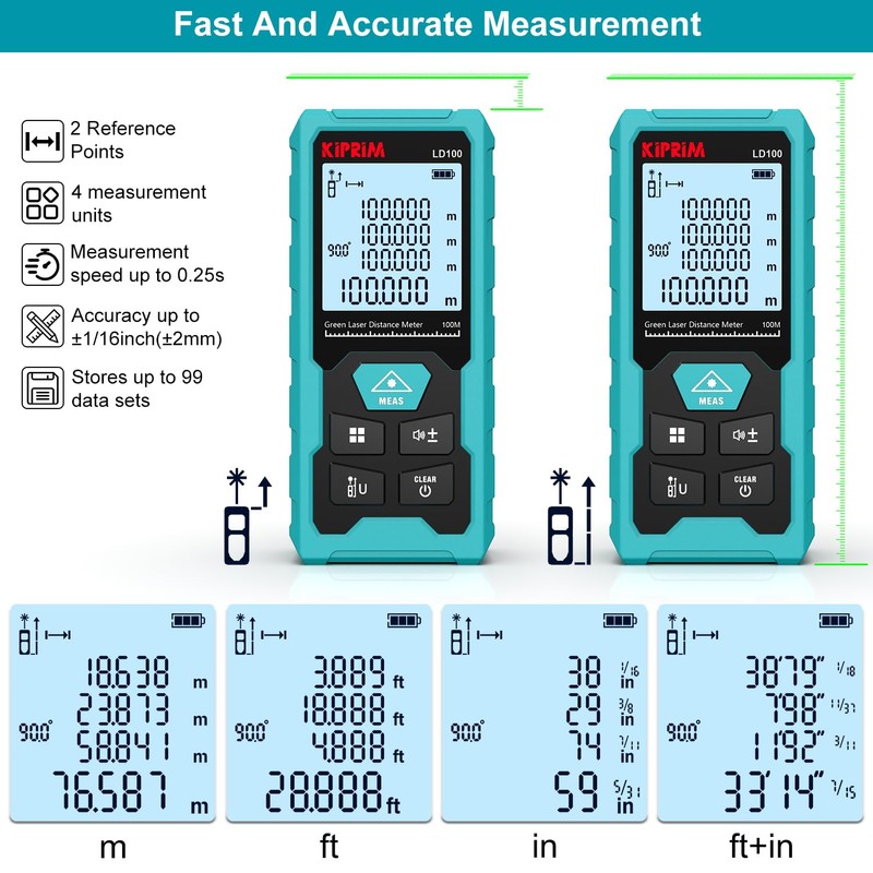 Kiprim Green Laser Distance Meter, 328ft Measuring Tool with USB