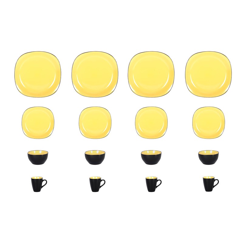 HomeVss, Stoneware Square 16pc Dinnerware Set, Inside Shiny Yellow +