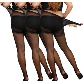 FARFADET Large Size Pantyhose, Pantyhose, Set of 3 Pairs of Same Color, Maternity Easy, Loose, Stretchy, Black