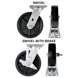 4 Heavy Duty Caster Set 8" Plastic Wheels - 2 Swivel + 2 Swivel with Brake