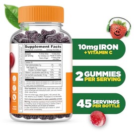 Hierro natural para niños, con vitamina C, 10 mg – Suplemento de goma de gran sabor natural – Sin gluten vegetariano sin OMG masticable – para anémico