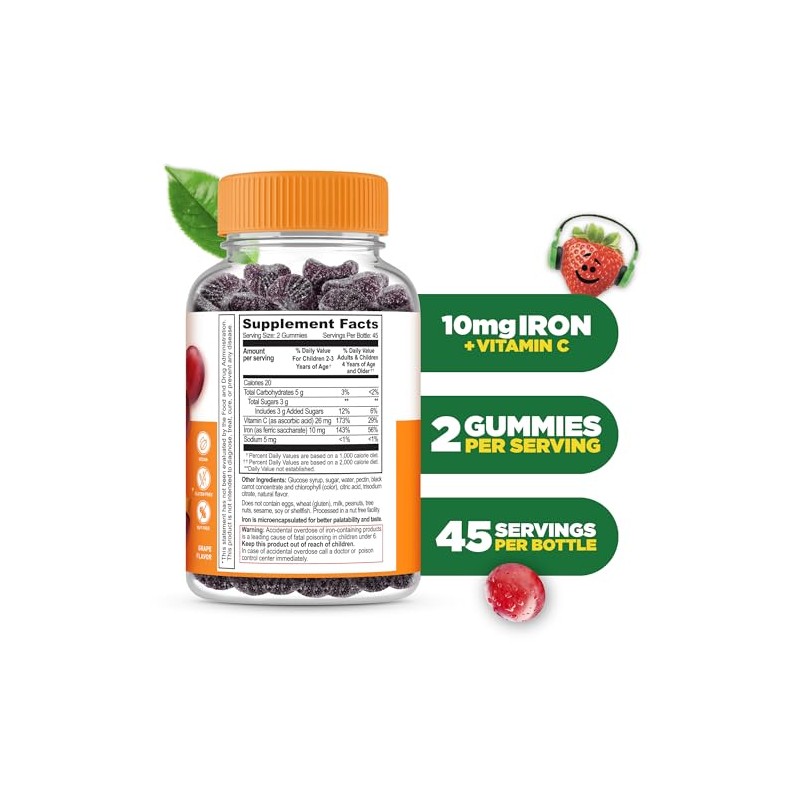Hierro natural para niños, con vitamina C, 10 mg –