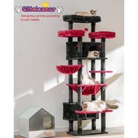 Gitelsnour Cat Tree for Indoor Cats Large Adult, 74" Cat Tower for with 3 Big Platforms, 2 Baskets, 2 Condos, Multi-Level Cat Scratching Posts, Black and Red GCT030BR