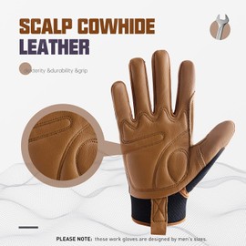 HANDLANDY Leather Work Gloves Mens & Women, Utility Safety Mechanic Working Gloves Touch Screen, Flexible Breathable Yard Work Gloves (Medium, Brown-Cowhide Palm)