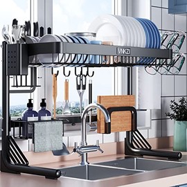 VNKZI Over Sink Dish Drying Rack, 2 Tier Full Stainless Steel Storage Adjustable Length (25.98''~36.61'') Kitchen Rack, Multifunctional Expandable Counter Organizer Shelf, Space Saver Dish Rack