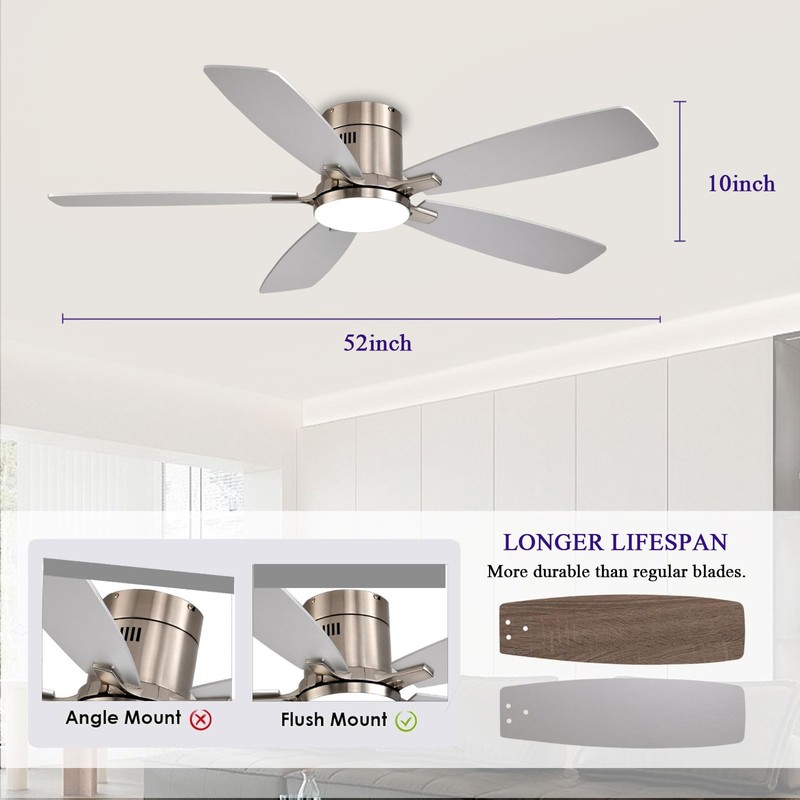 FUMLTP 52 inch Ceiling Fans with Lights, Flush Mount Ceiling