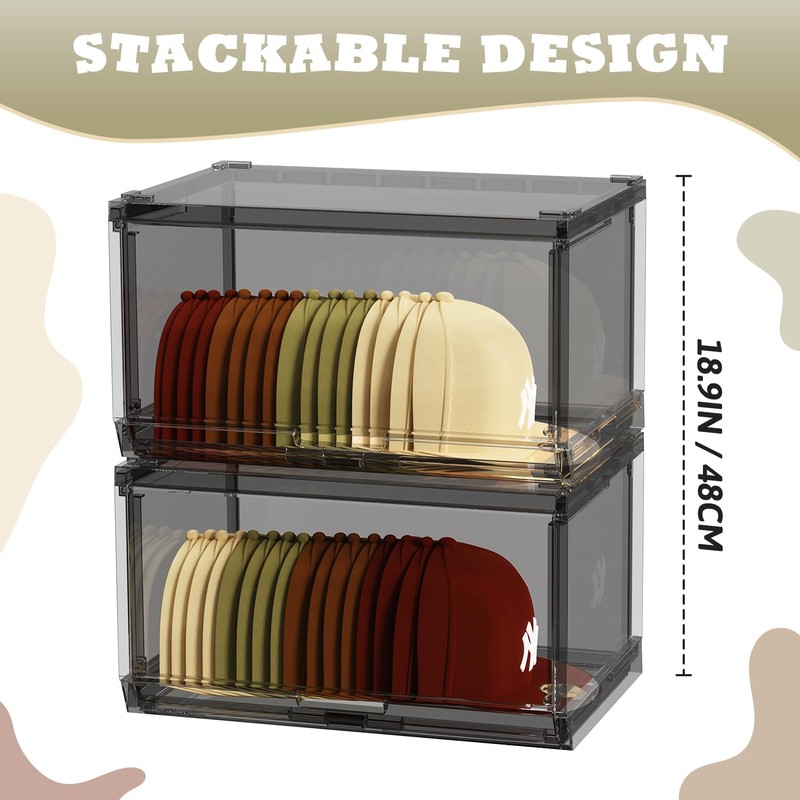 SCAVATA 2 Pack Large Hat Organizer Box, Stackable Clear Baseball