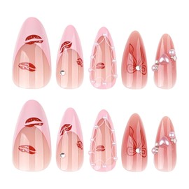 MERVF Almond Press on Nails Medium Fake Nail Pink French Tip Glue ons 3D Heart Pearls Design Stiletto Acrylic Lip Print Bow Manicure Glossy 24pcs
