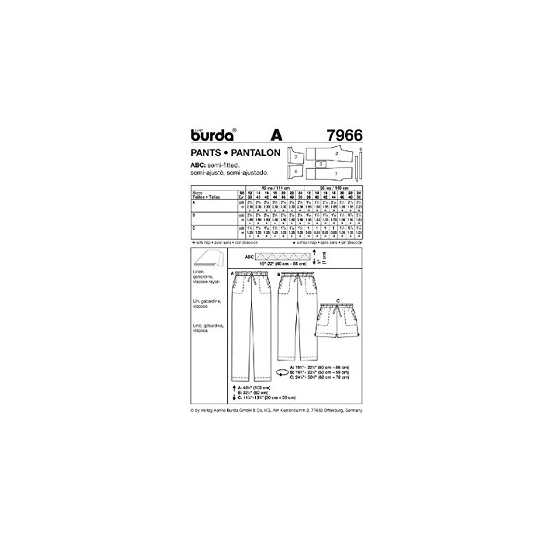 Burda B7966 - Cartamodello per Pantalone, 19 x 13 cm