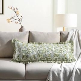 CPC COTTON PRINT CLUB CPC Agate Green 100% Cotton Block Print Ruffle Sham Cover 14x36 inch, Handmade Boho Floral Pillowcase, Farmhouse Cottagecore Bedding, Soft Decorative Cushion Cover for Bedroom Dcor