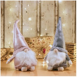 com-four® 2 x Premium Christmas Gnome for Christmas Decoration, Winter Figure as Decorative Items, Cute Edge Stool as Room Decoration or Gift (2 Figures Silver Pink 37 cm)