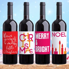 4 Modern Christmas Wine Bottle Labels Holiday Wine Gift Peel & Stick Labels Hot Pink Red Christmas Girly Hostess Gift Dinner Party Decor