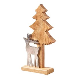 Fir Tree with Deer, Christmas Decoration, Choice of Sizes, Decorative Stand Made of Wood and Metal, Silver